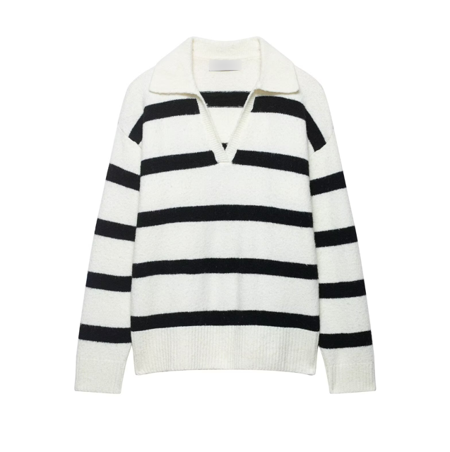 Striped Polo Neck Sweater — Relaxed Long Sleeve