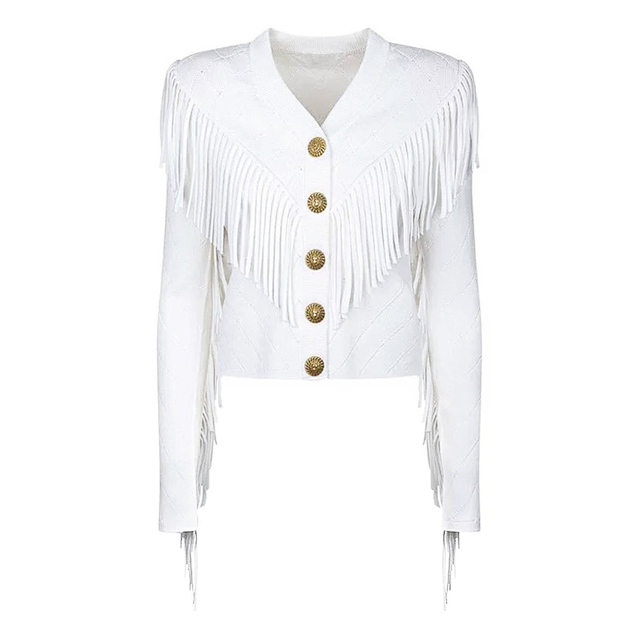 Classic Gold Button Tassel Cardigan