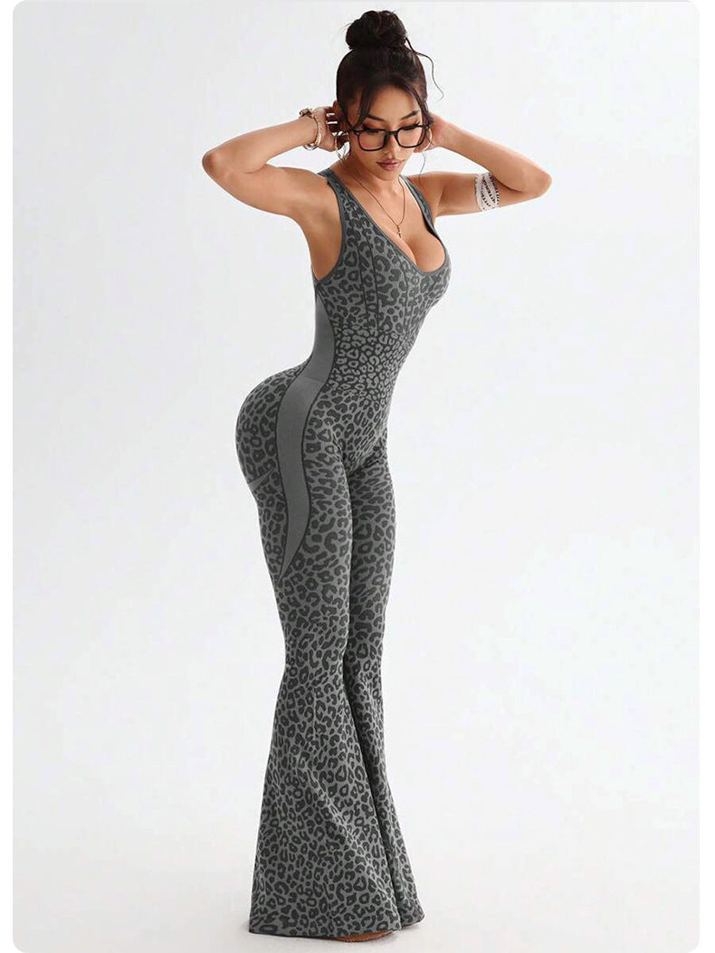 Leopard Print Cross Beauty Back Fitness Jumpsuit