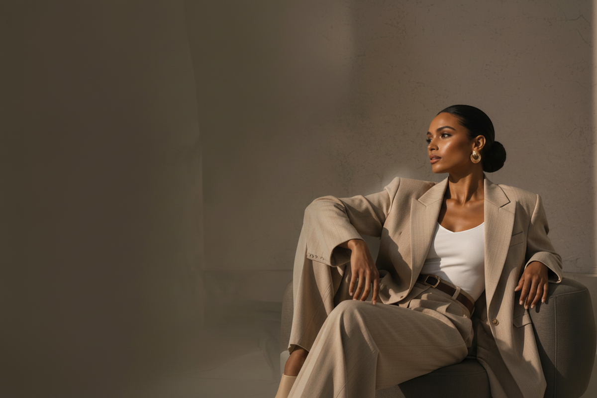 Woman wearing a taupe suit