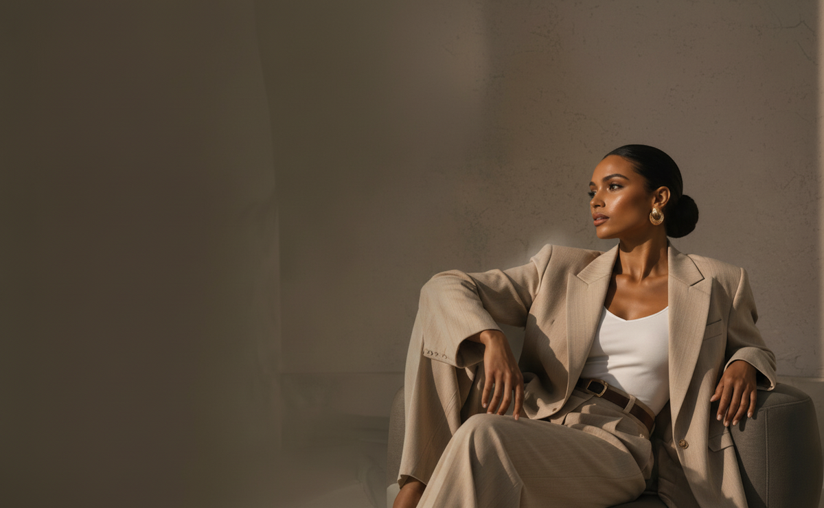 Woman wearing a taupe suit