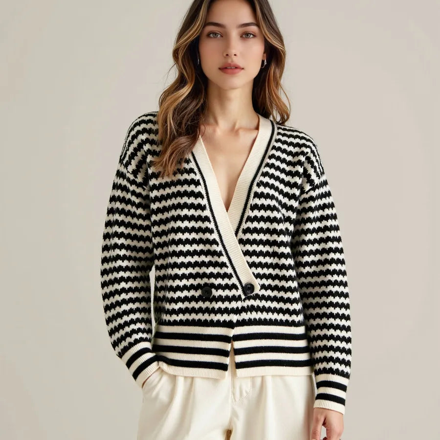 Eastern Classic Strip Knitted One Button Sweater Top