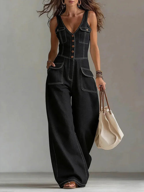 Sexy V Neck Button Denim Jumpsuit Elegant Solid High Waist Woman Romper 2026 Spring Summer Sleeveless Vacation Beach Overalls
