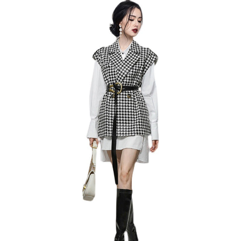 White Shirt Dress Houndstooth Vest Set