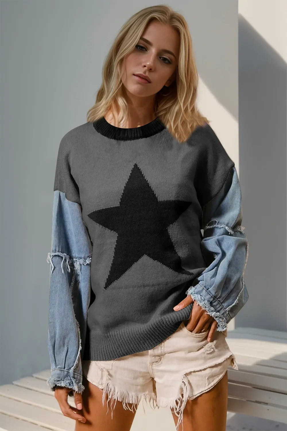 Double Take Star-Pattern Raw-Edge Long Sleeve Sweater