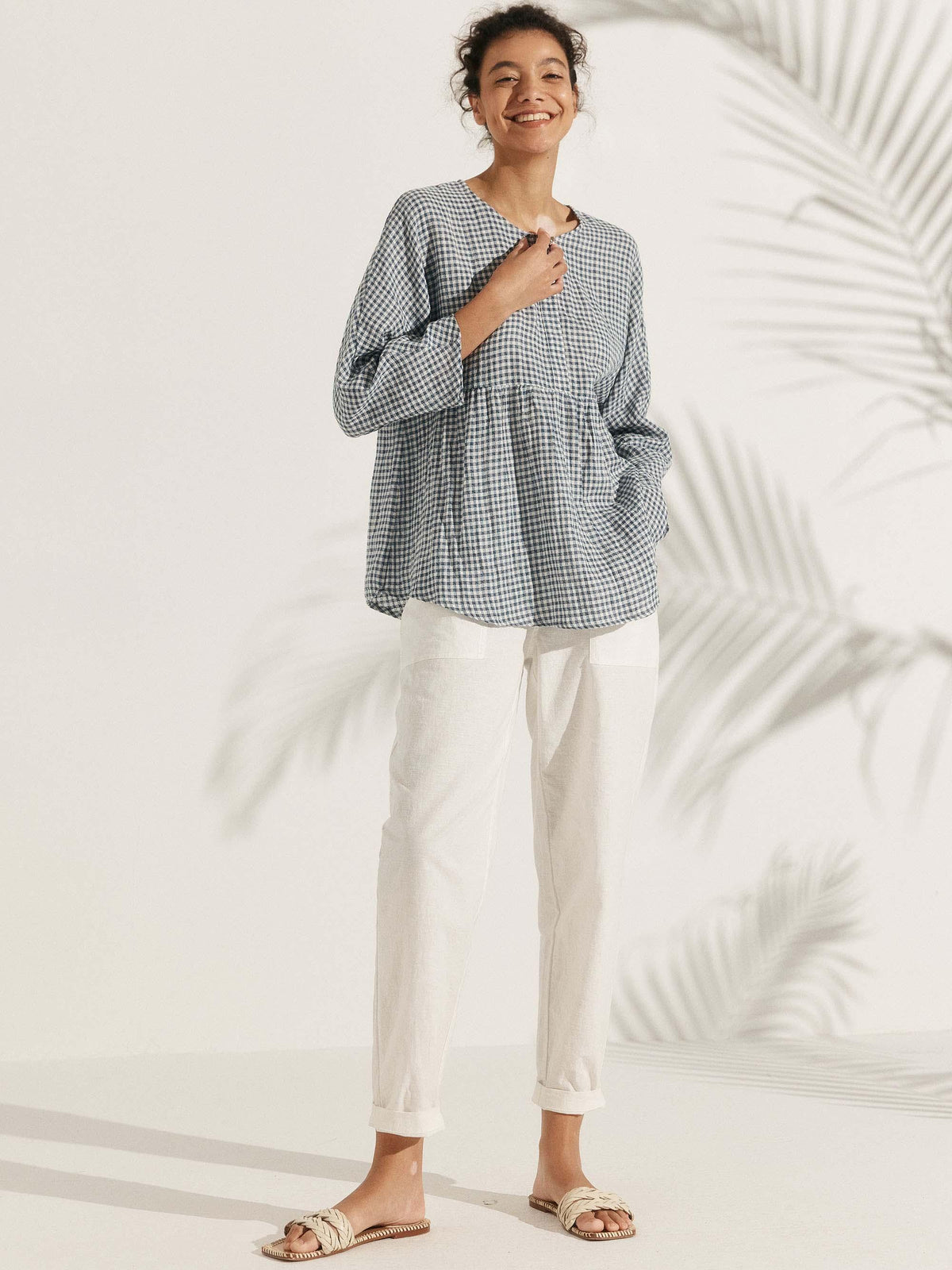 Linen Checked Long-Sleeved Top CAROLINE