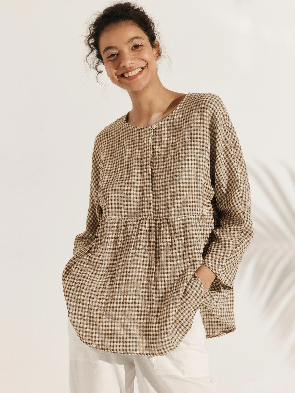 Linen Checked Long-Sleeved Top CAROLINE