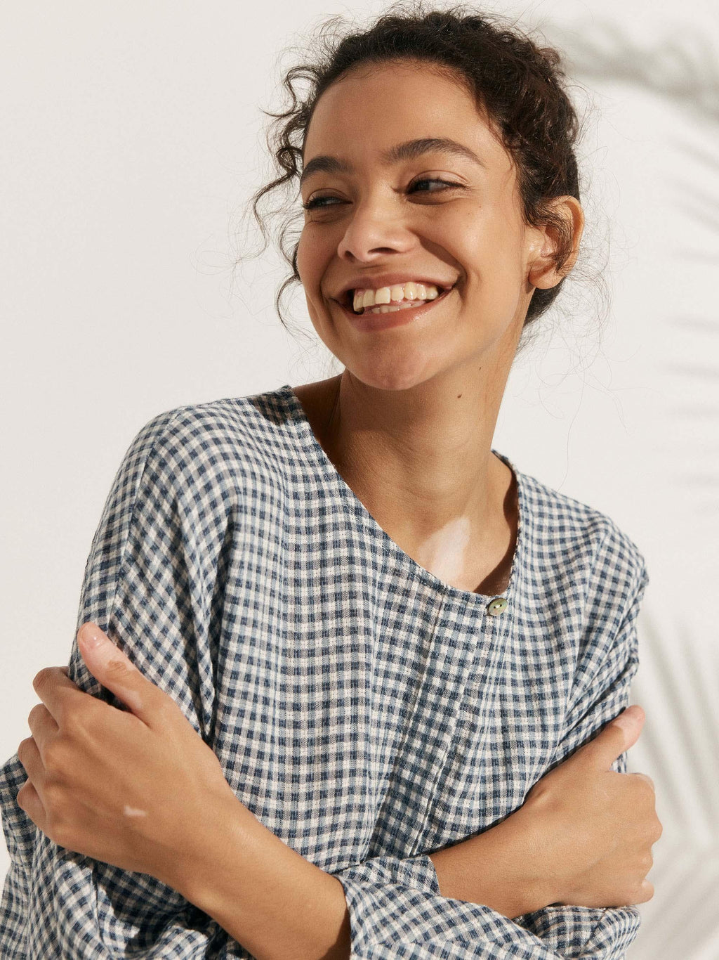 Linen Checked Long-Sleeved Top CAROLINE