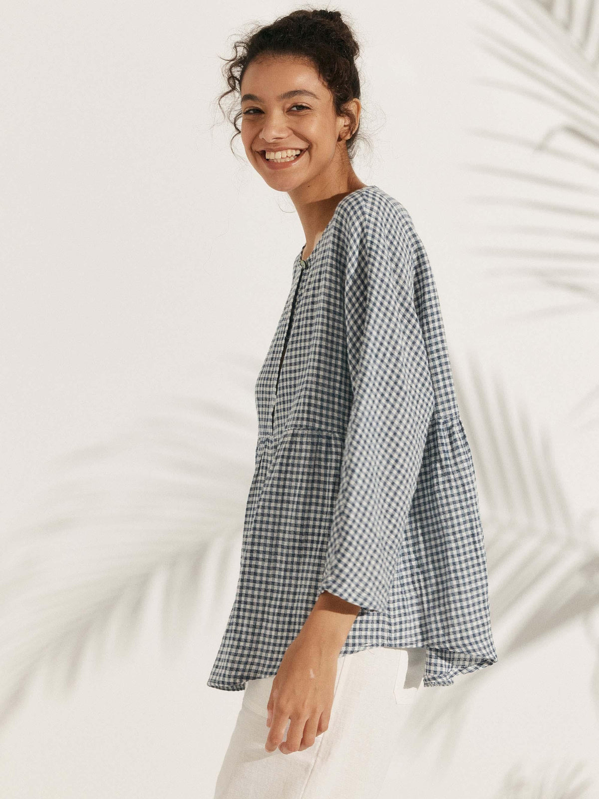 Linen Checked Long-Sleeved Top CAROLINE
