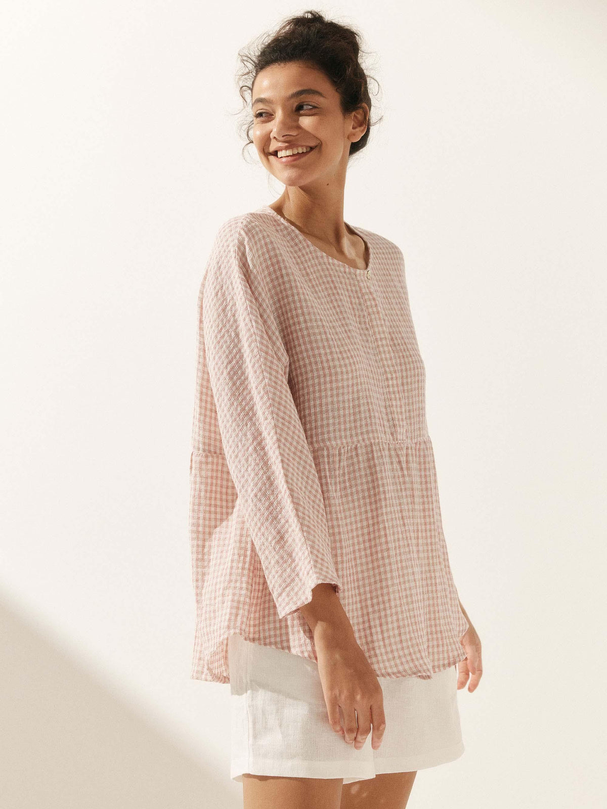 Linen Checked Long-Sleeved Top CAROLINE