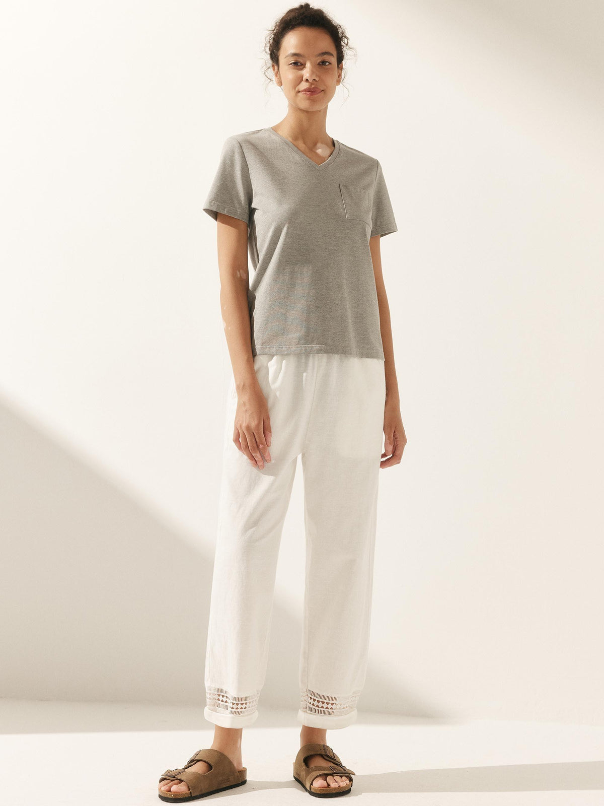 Linen Hollow Lace Stitching Elastic Waist Ankle Length Pants RITA