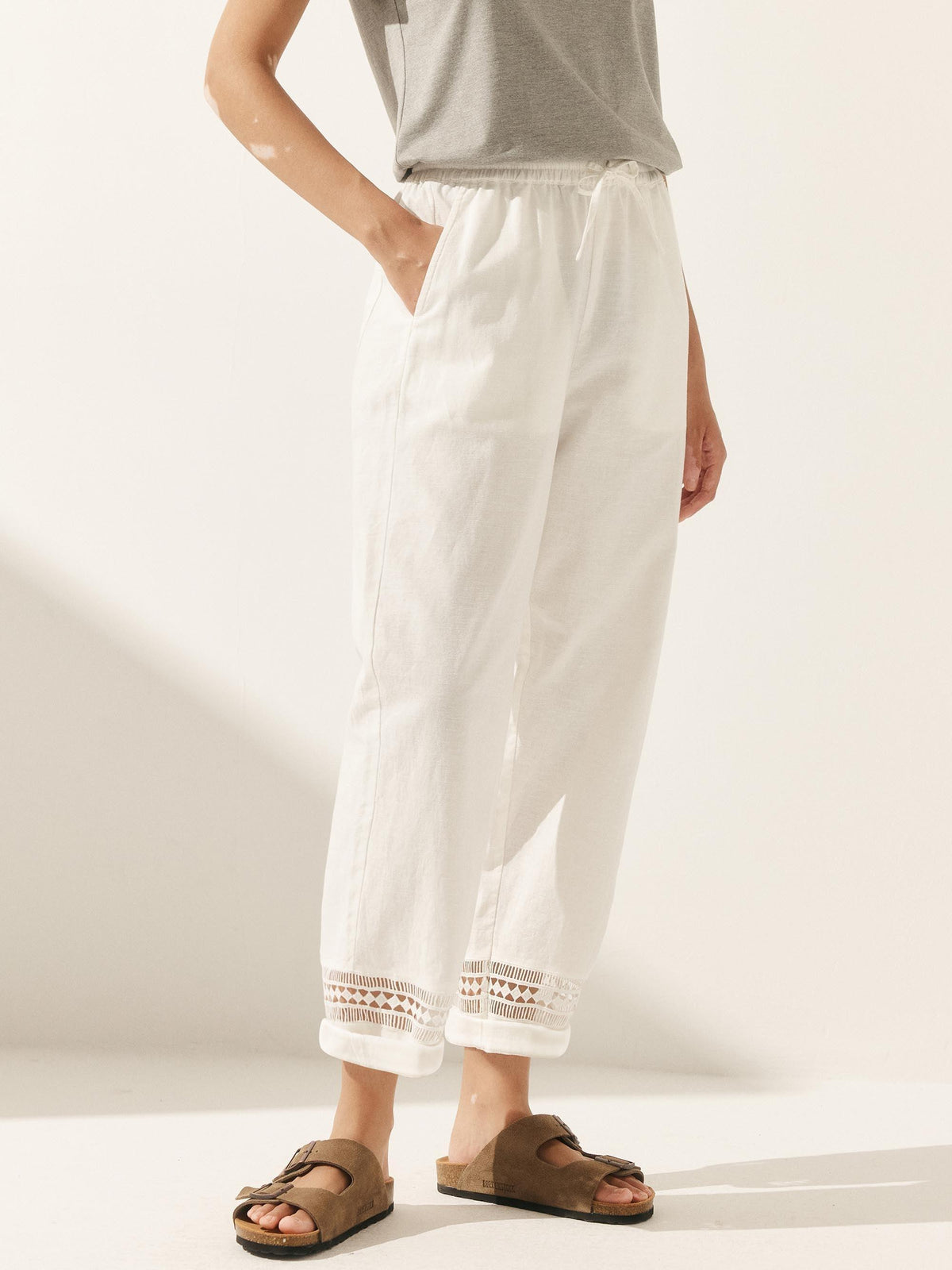 Linen Hollow Lace Stitching Elastic Waist Ankle Length Pants RITA