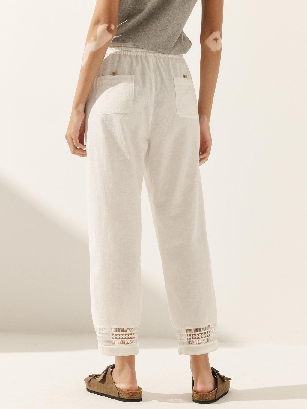 Linen Hollow Lace Stitching Elastic Waist Ankle Length Pants RITA