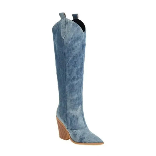 Knee Thigh High Denim Cow Girl Boots