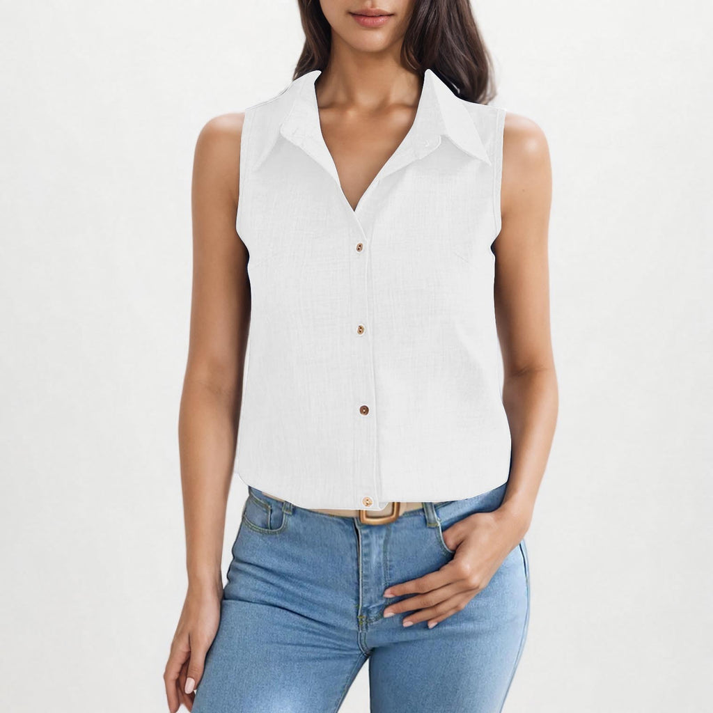 Lapel Cotton Linen Button Sleeveless Shirt Women's Clothing