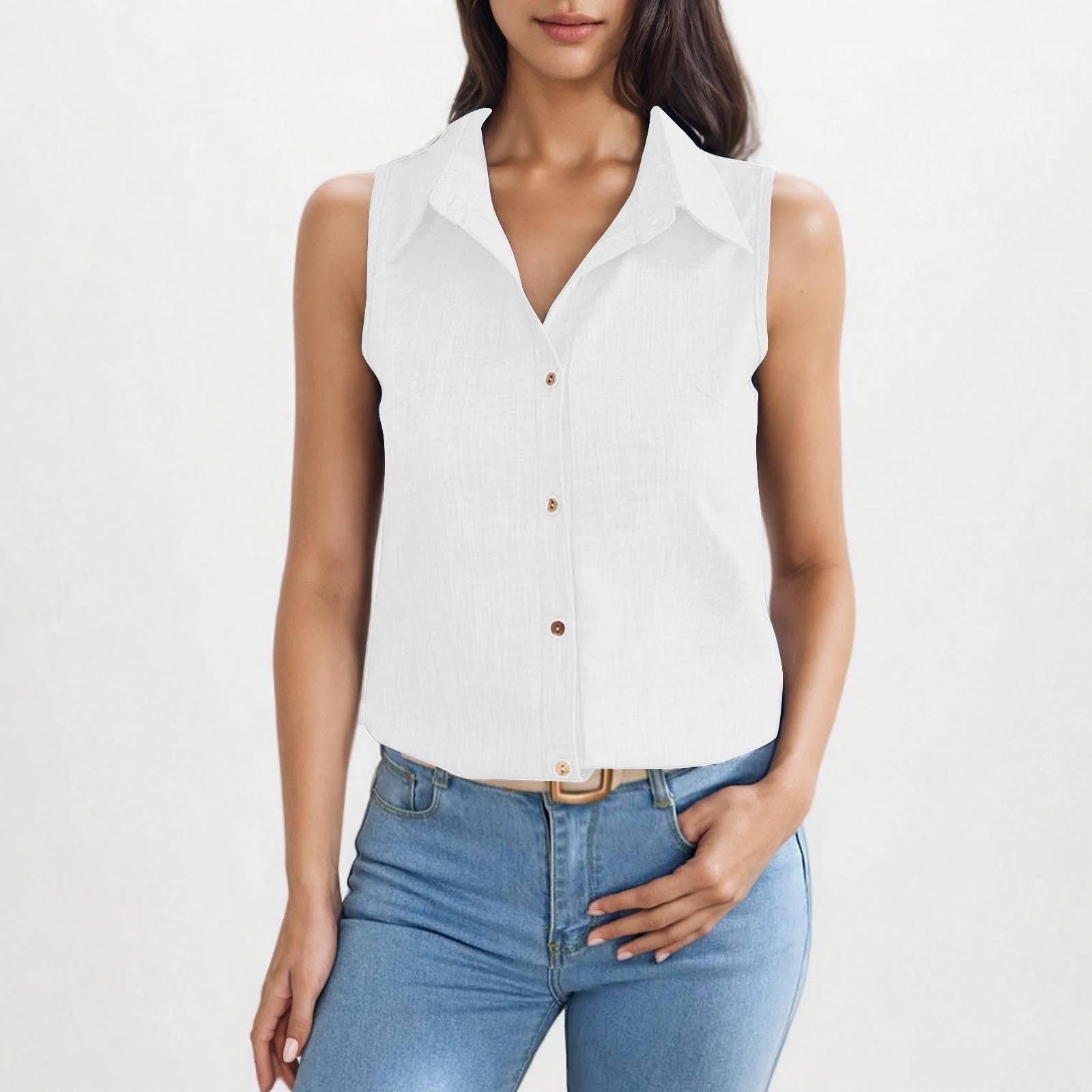 Lapel Cotton Linen Button Sleeveless Shirt Women's Clothing