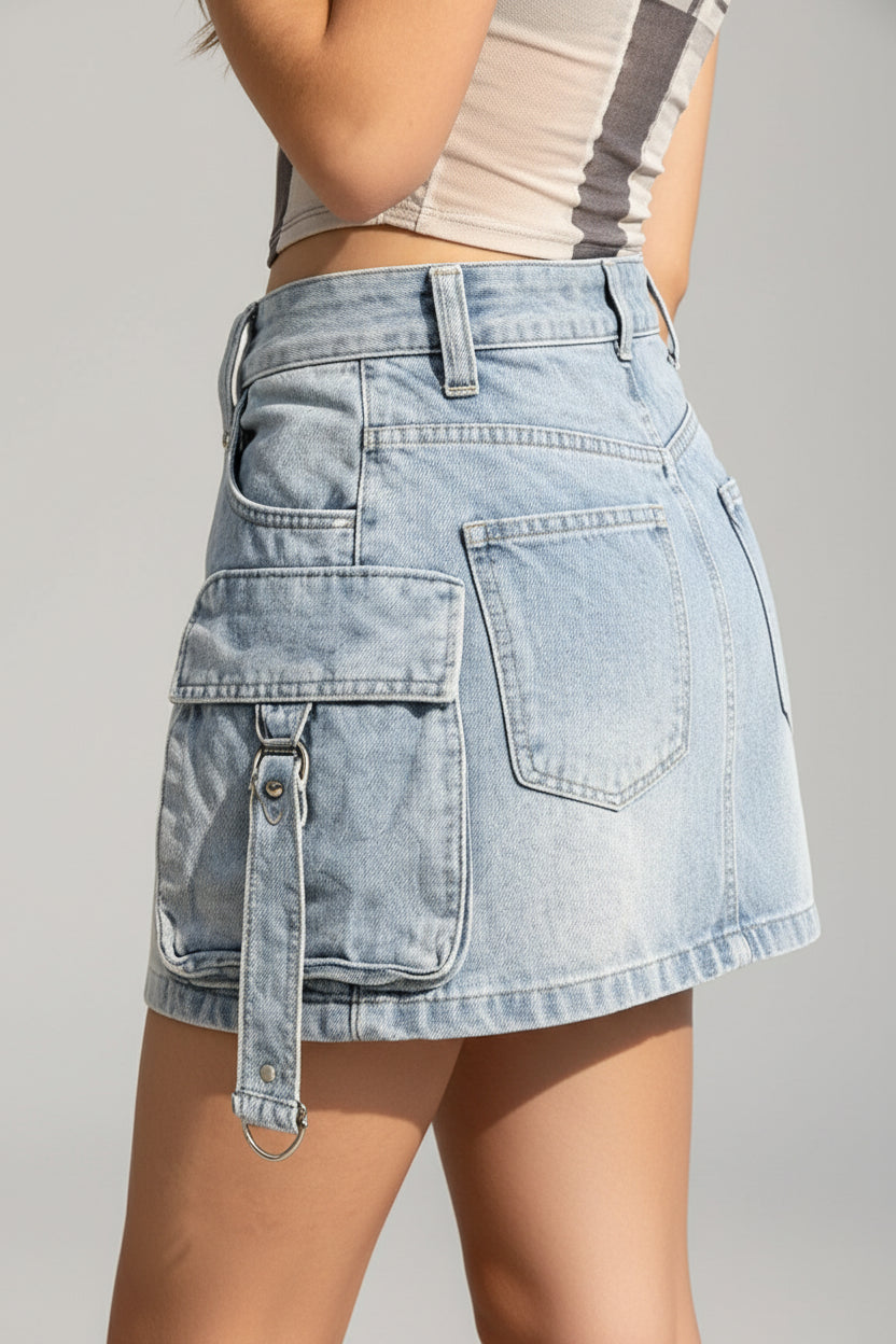 A person standing on a sandy beach wearing a light-wash denim mini skirt with large cargo pockets and a tie detail, paired with a striped crop top.
