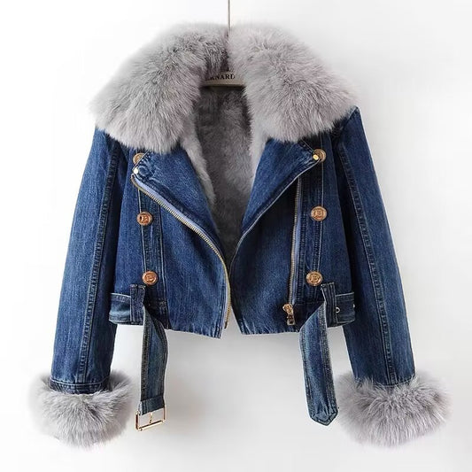 Detachable Faux Fur Denim Coat