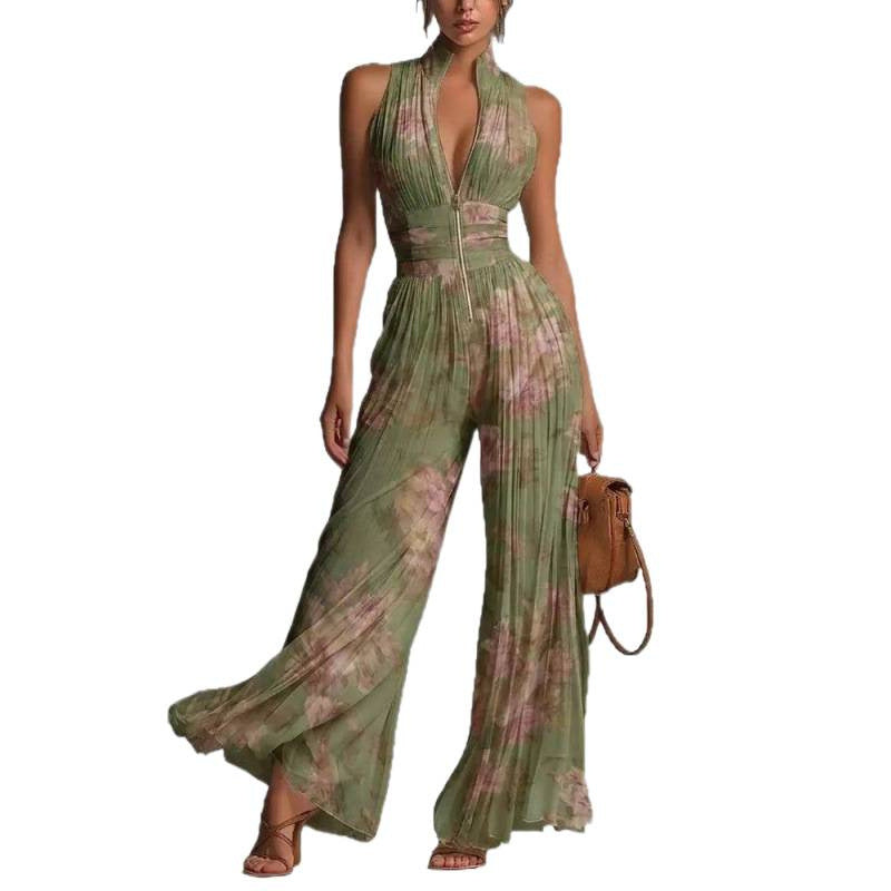 Elegant Pleated Halter Neck Wide-Leg Jumpsuit