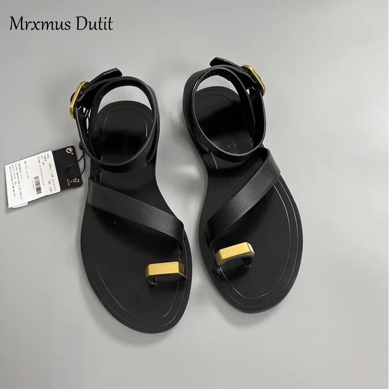 Mrxmus Dutit2023 Summer Fashion New Women Genuine Leather Flat Clip Toes Sandals Versatile Simple Casual Beach Shoes Female Chic