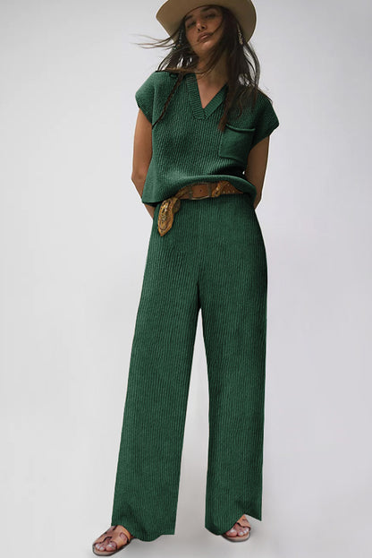 Green Knitted V Neck Sweater and Wide Leg Pants Set