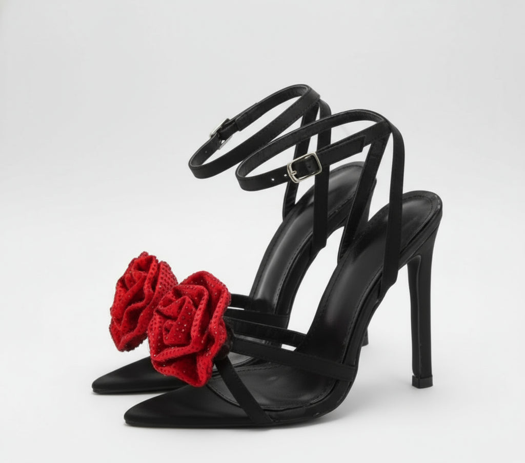 Flower Crystal Black Satin Stilettos Shoes