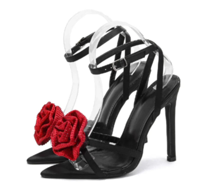 Flower Crystal Black Satin Stilettos Shoes