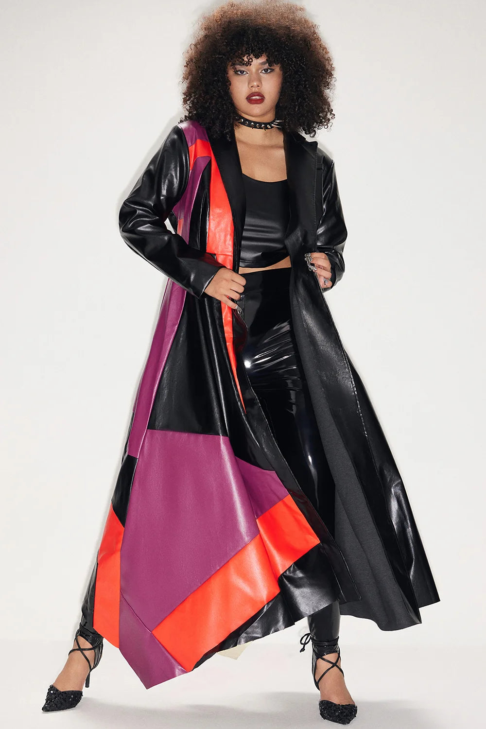 Curve PU Leather Windbreaker Trench Coat