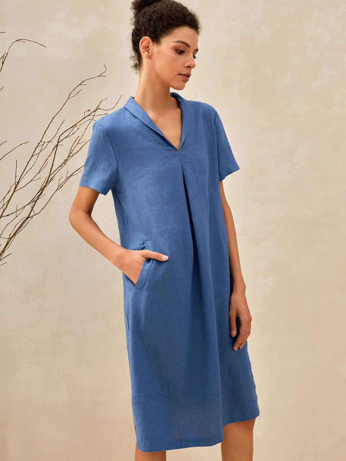100% Linen Shawl V-Neck Midi Dress CLEO