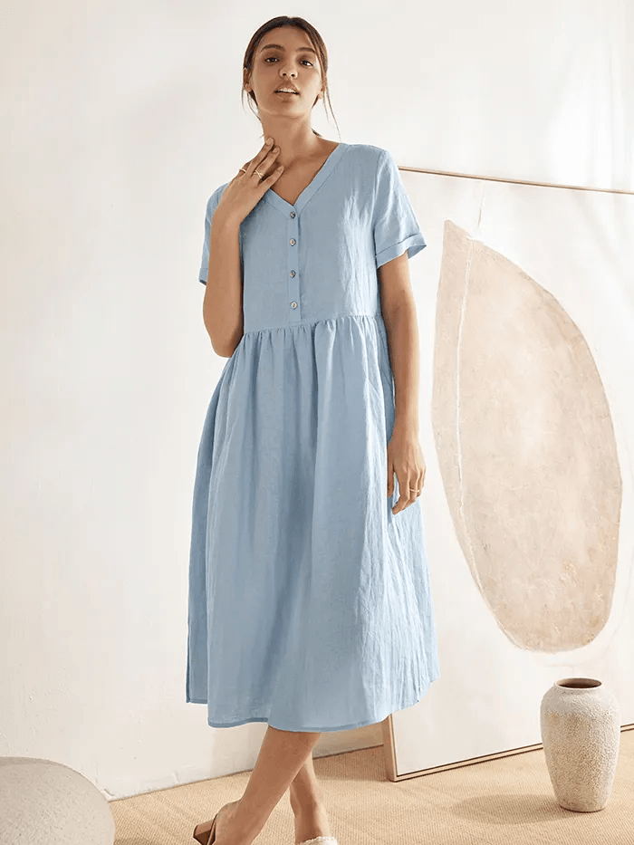 100% Linen V-Neck Gathered-Waist Dress PATRICE