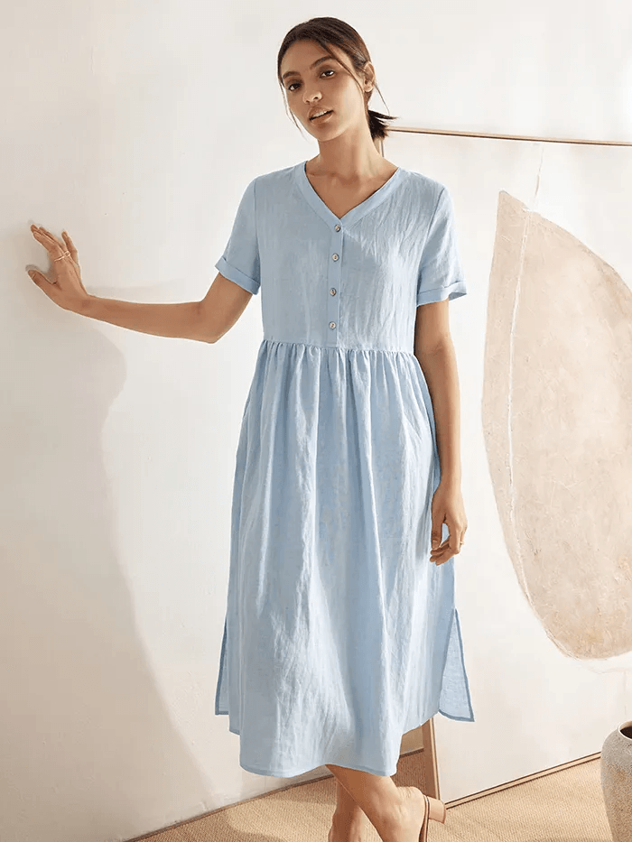 100% Linen V-Neck Gathered-Waist Dress PATRICE