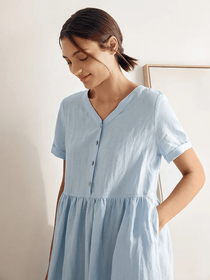 100% Linen V-Neck Gathered-Waist Dress PATRICE