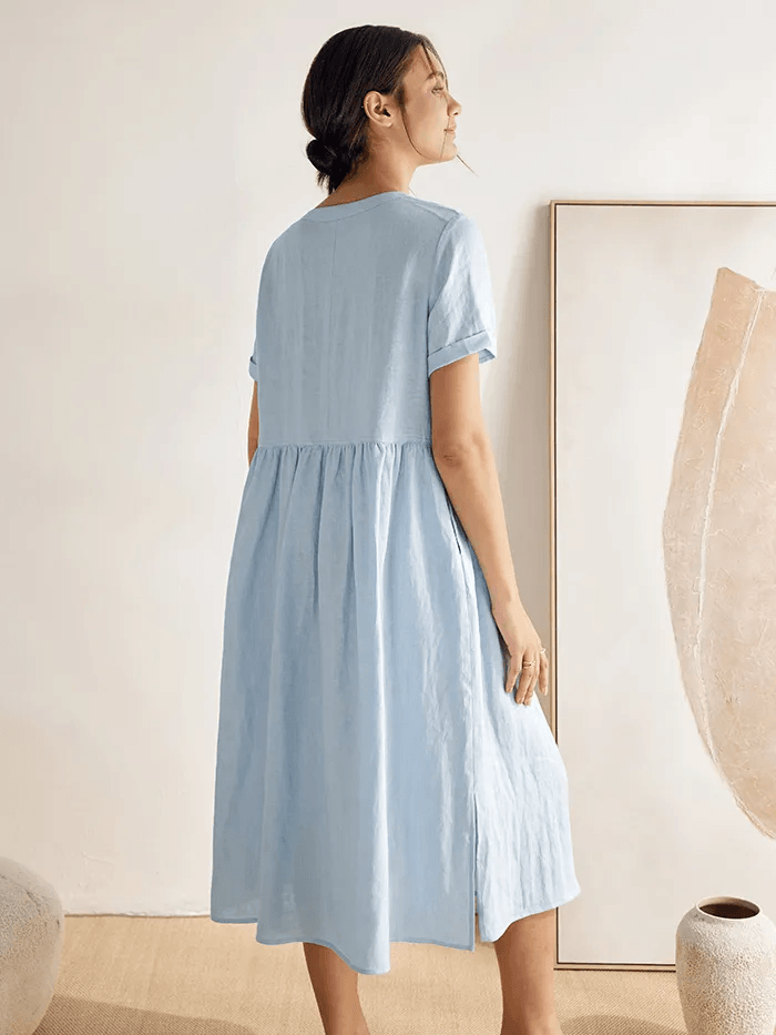 100% Linen V-Neck Gathered-Waist Dress PATRICE