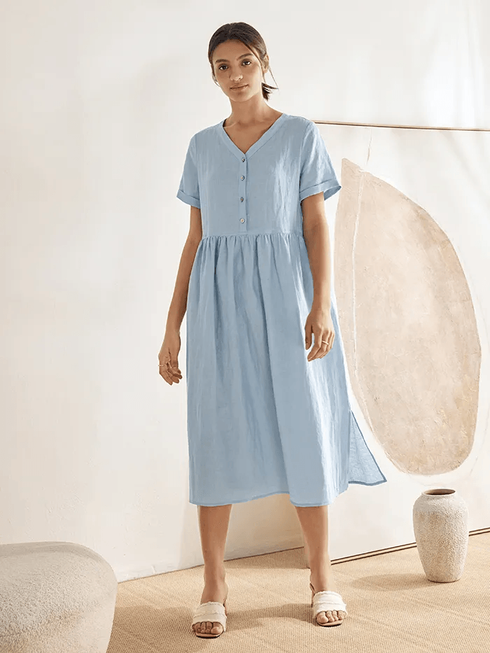 100% Linen V-Neck Gathered-Waist Dress PATRICE