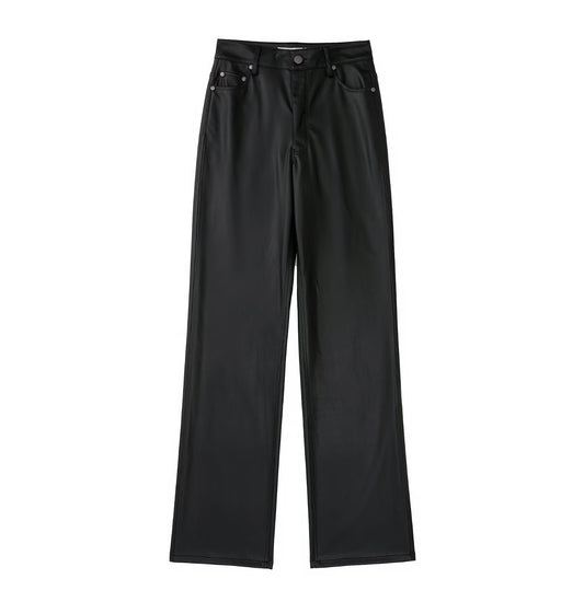 Faux Leather Casual Wide Leg Pants Trousers