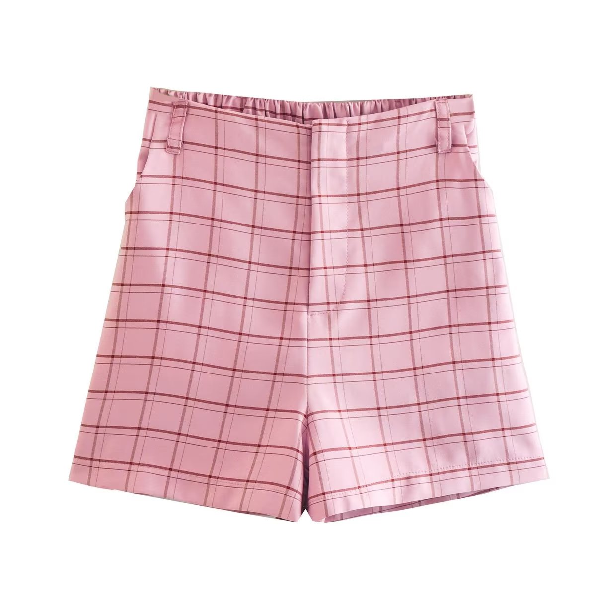 Waist Tied Pink Plaid Straight Leg Dress Shorts