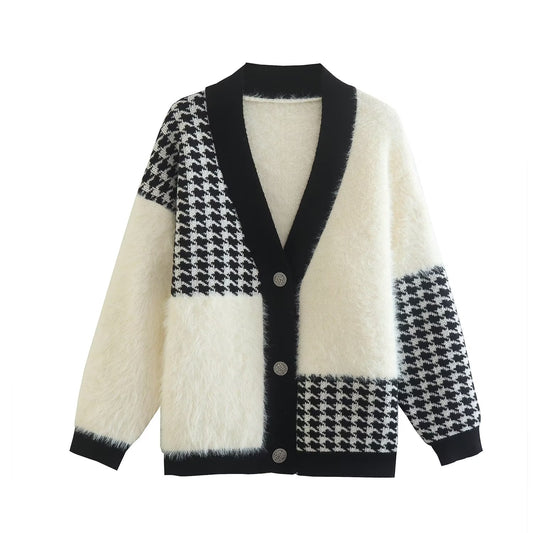 Houndstooth Contrast Color Mink Knitted Cardigan