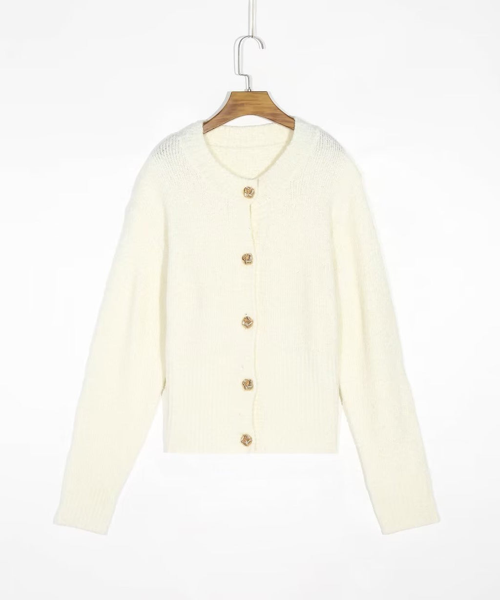 Retro Debutante Rose Metal Buckle Knitted Cardigan