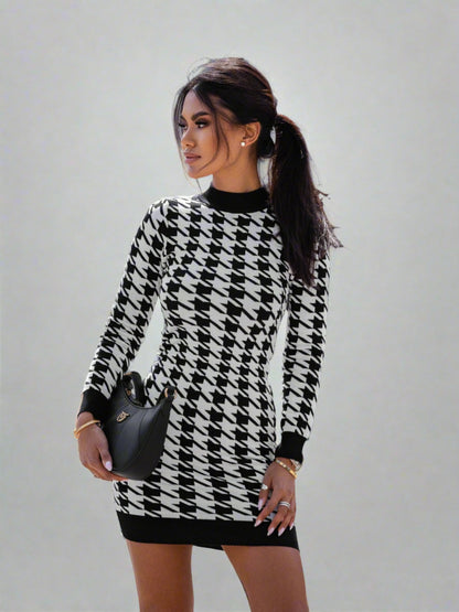 Bird Check Long Sleeve Printed Dress