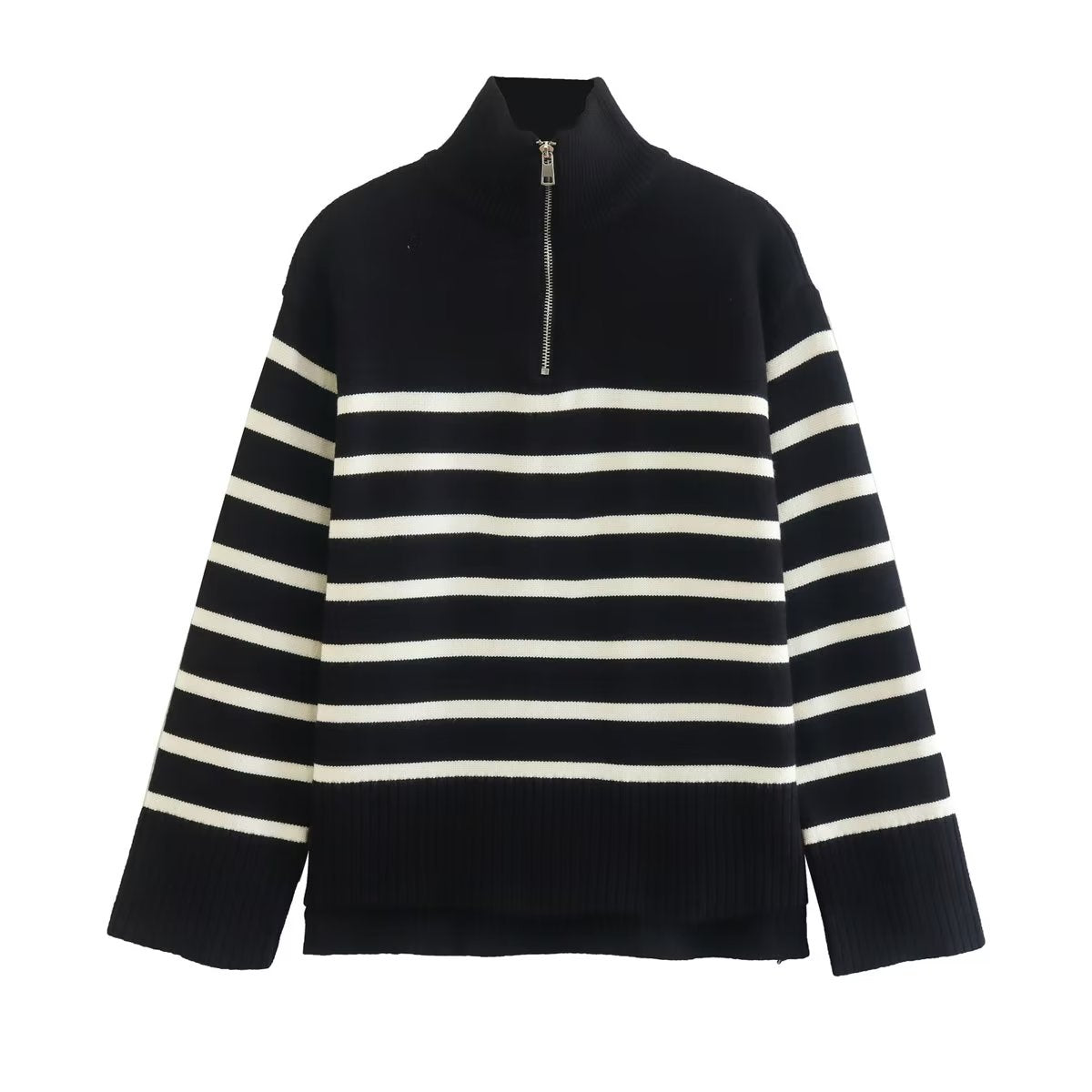 Zip Up Stripe Turtleneck Sweater