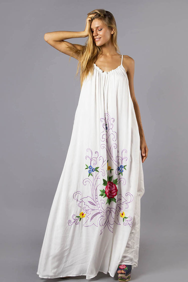 Loose Vacation Elegant Flower Embroidered Sling Dress