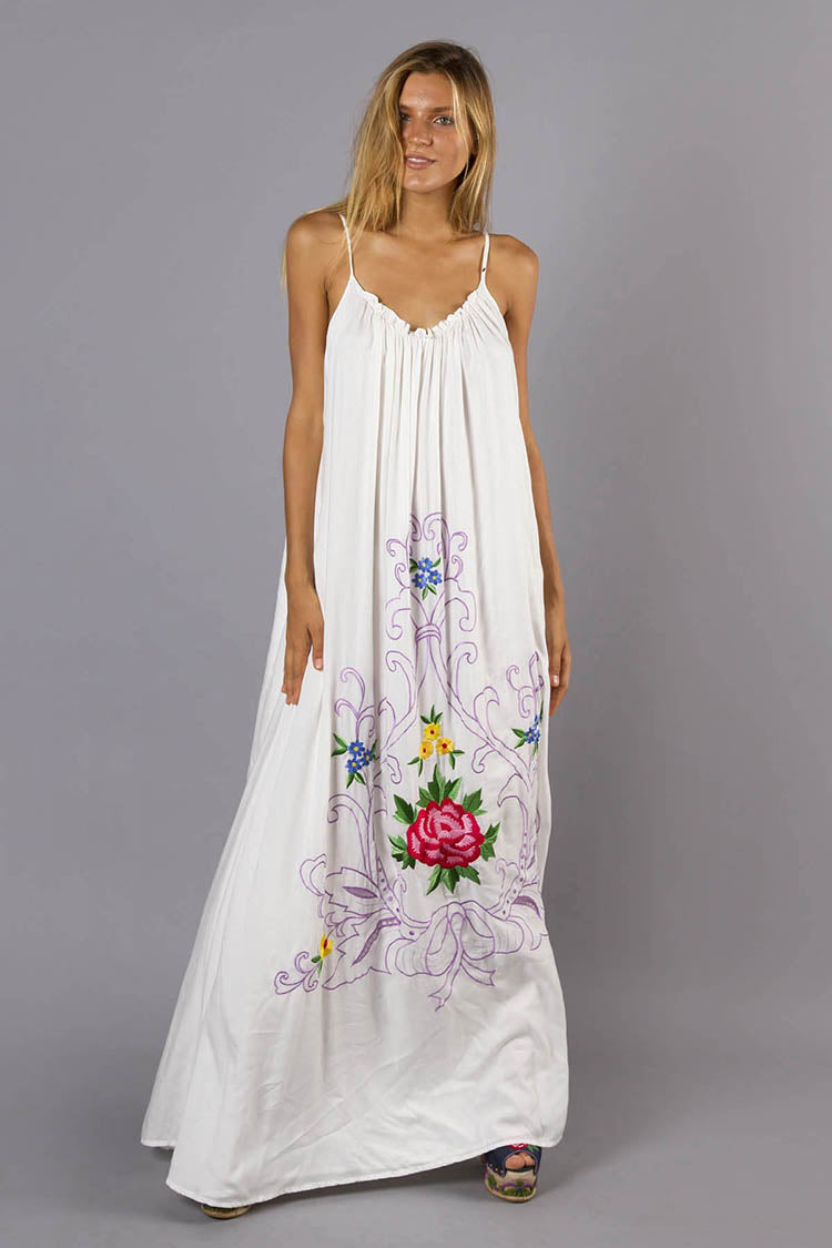 Loose Vacation Elegant Flower Embroidered Sling Dress