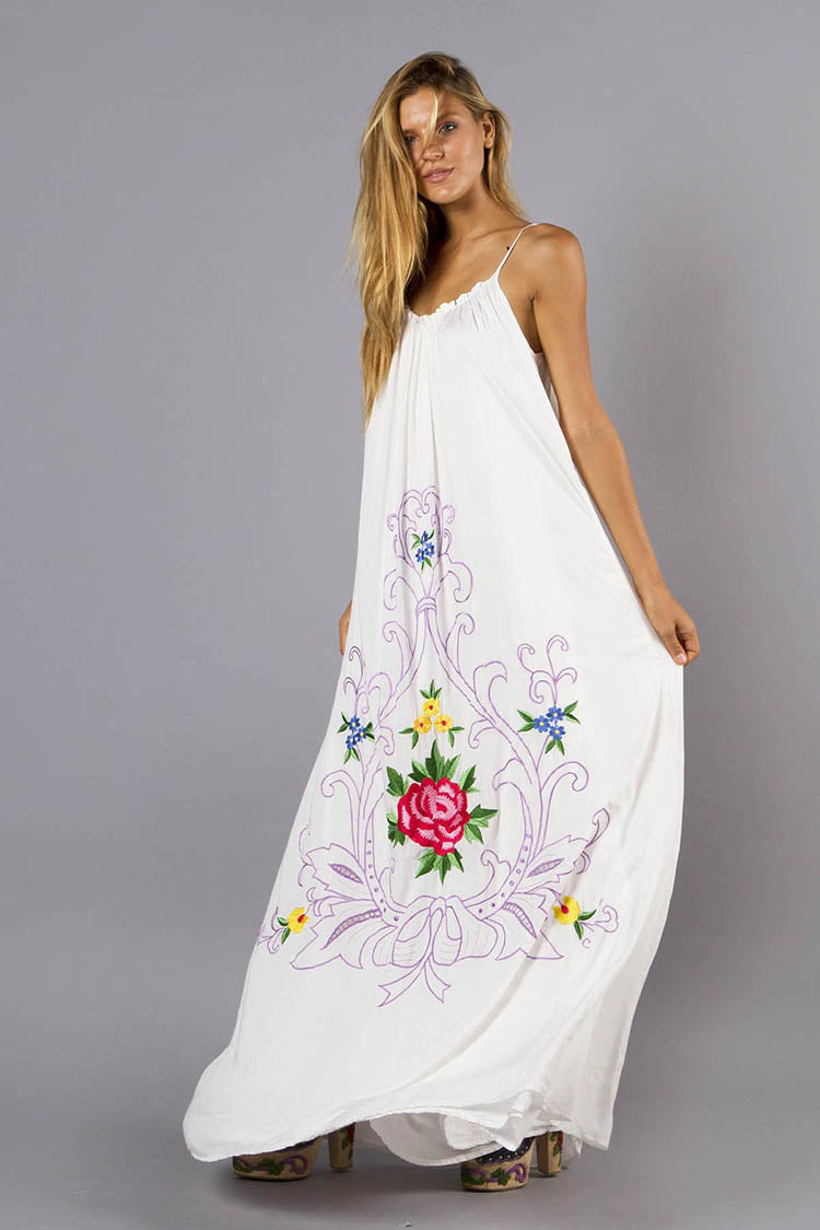 Loose Vacation Elegant Flower Embroidered Sling Dress