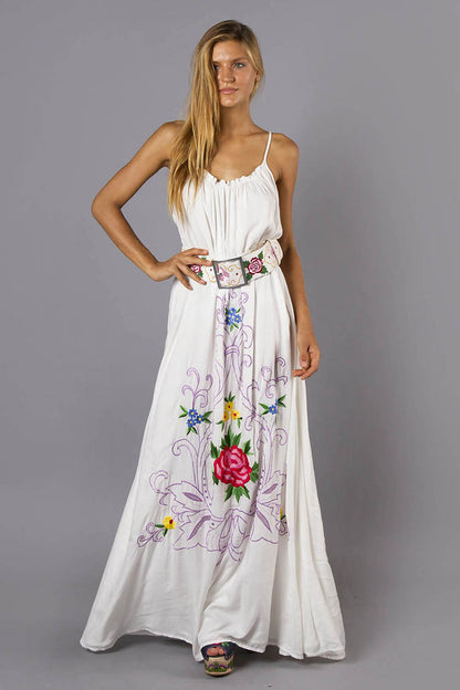 Loose Vacation Elegant Flower Embroidered Sling Dress