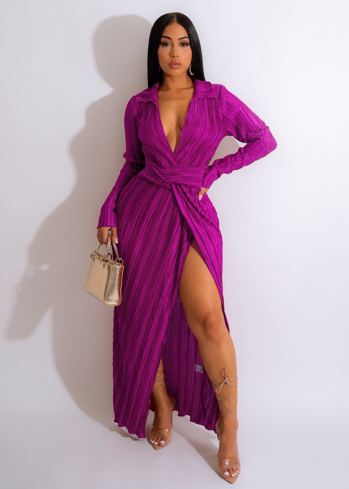 Slit Pleated Wrap Dress