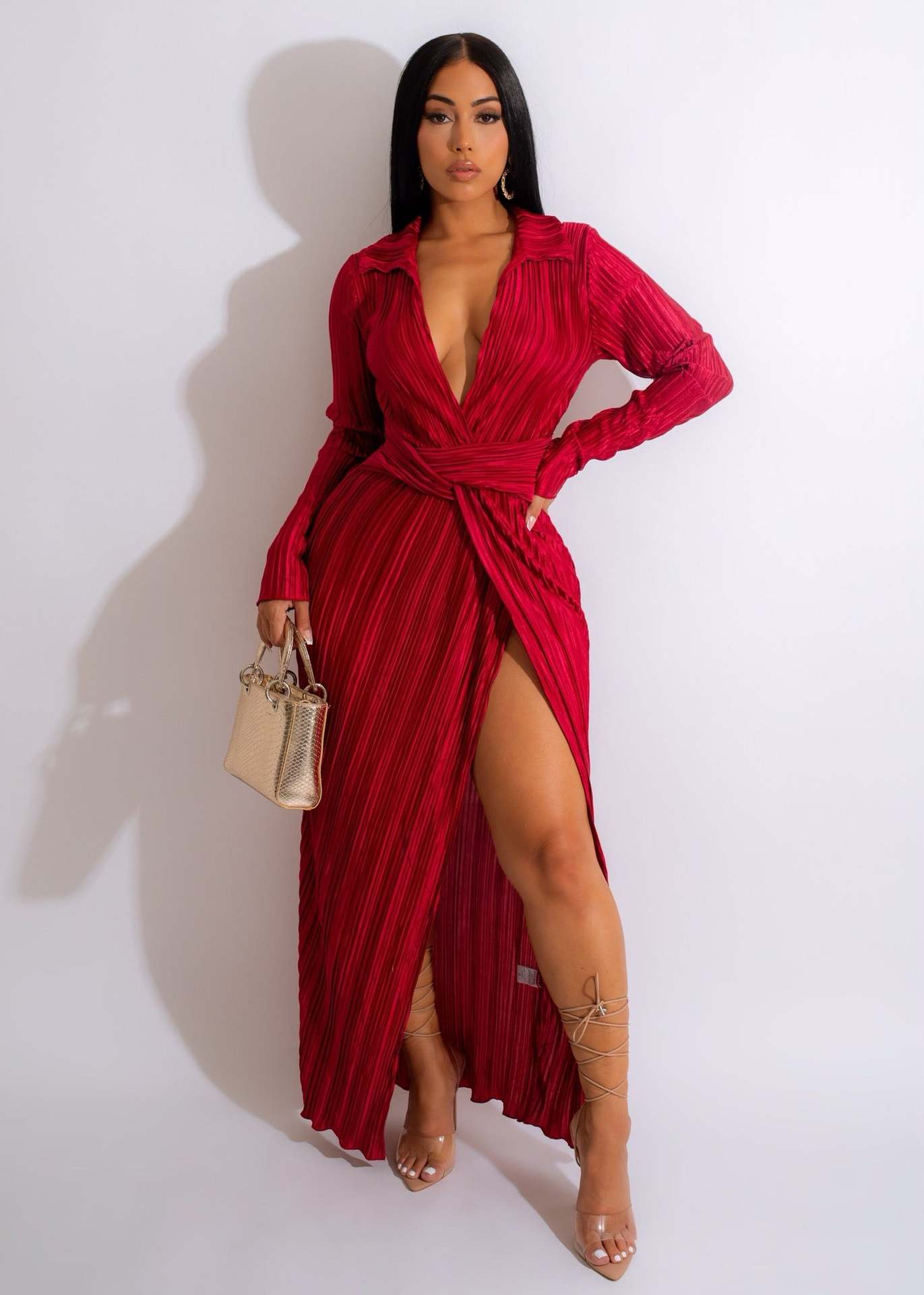 Slit Pleated Wrap Dress