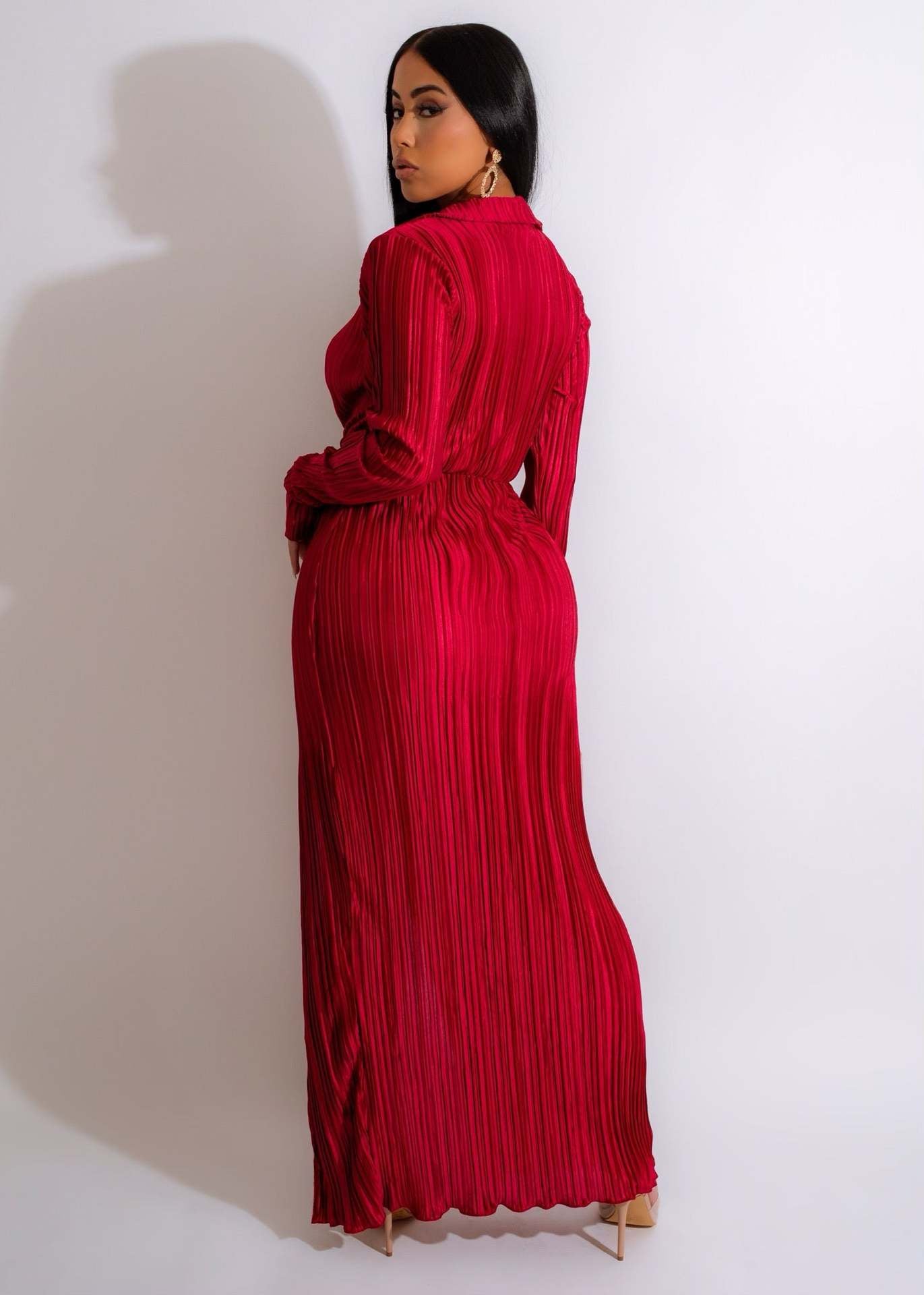 Red Pleated Slit Wrap Dress