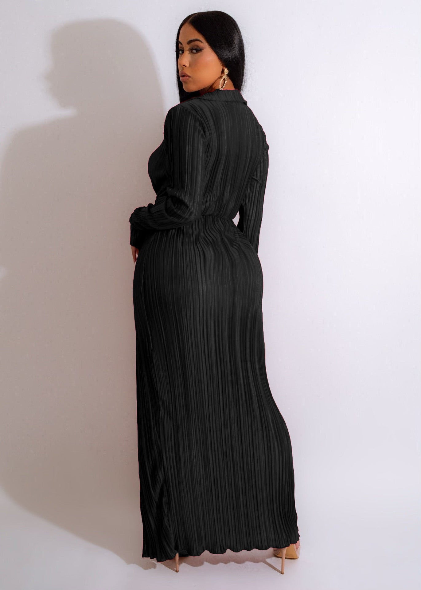Black Slit Pleated Wrap Dress