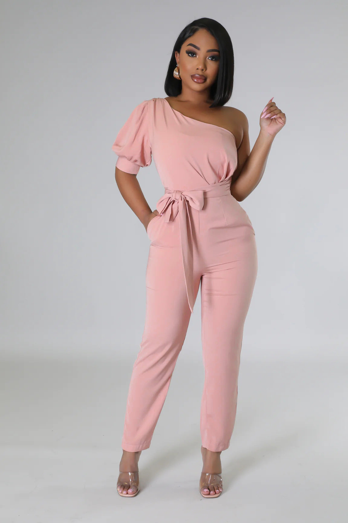 One Shoulder Backless Tapered Jumpsuit