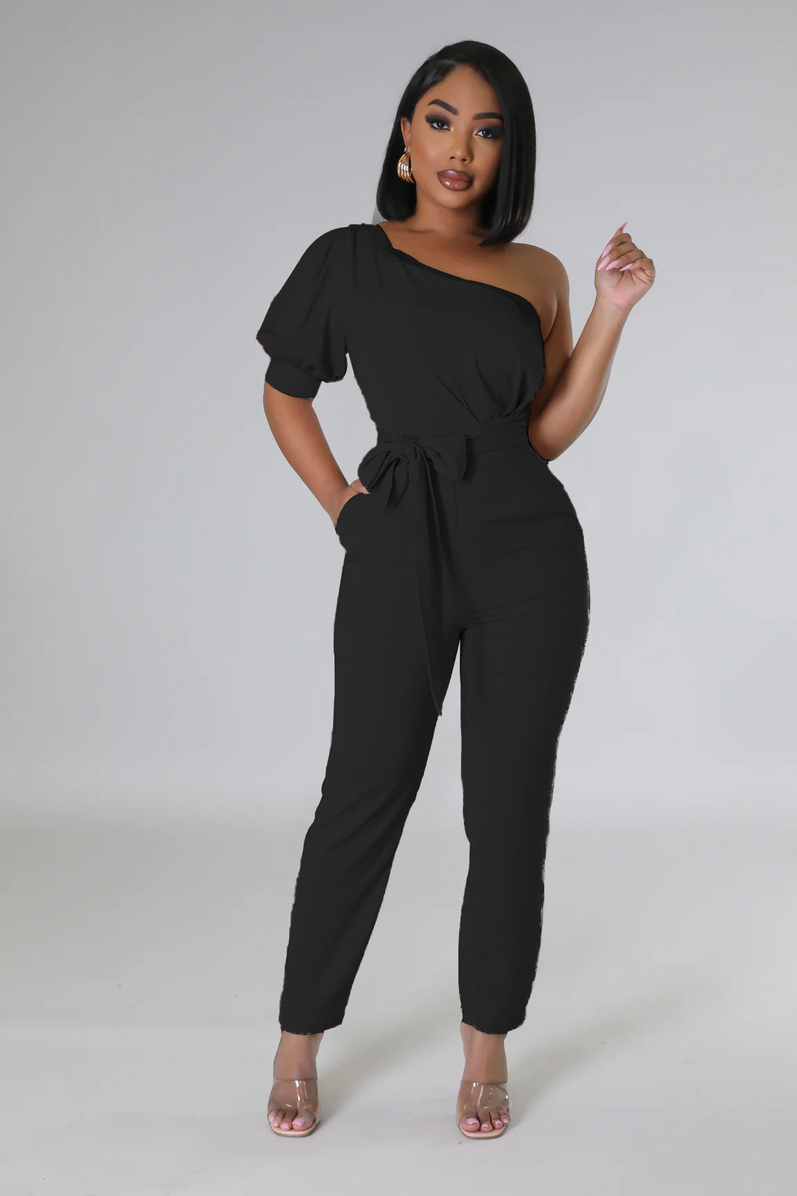 One Shoulder Backless Tapered Jumpsuit